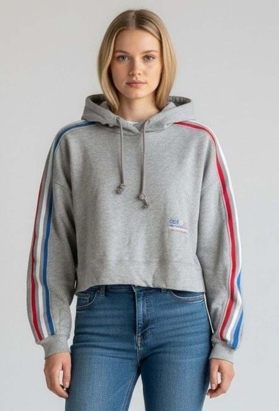 Adidas Cropped Hoodie Size M Gray Red Blue Striped